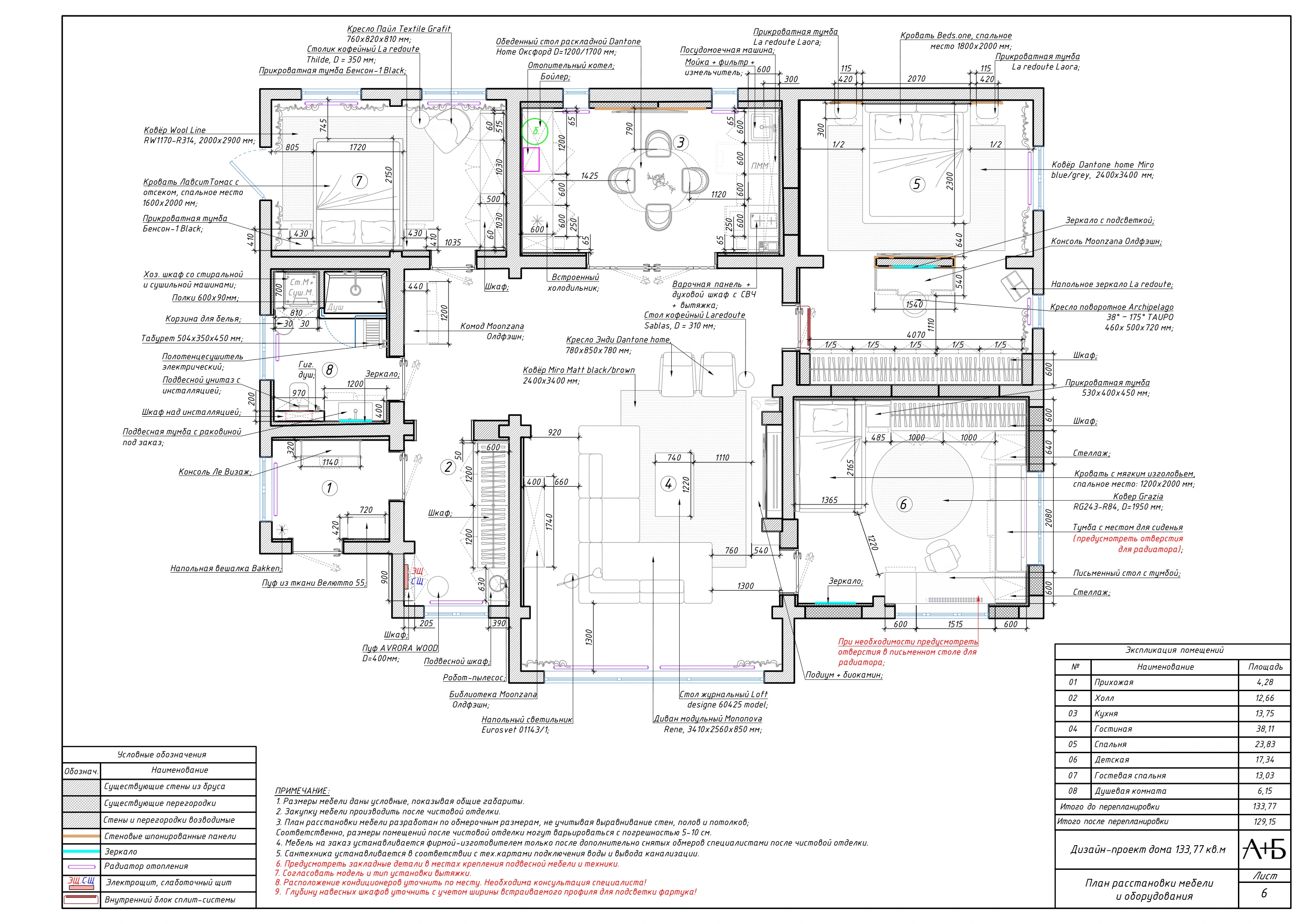 План расстановки мебели — Дом из бревна и бруса 129,15 м²